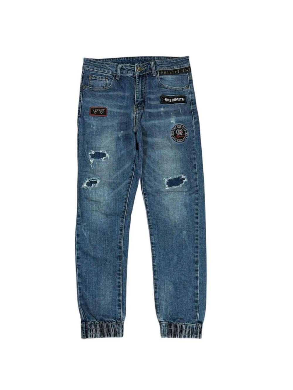 Philipp Plein blue jeans with patches with stretchable hem